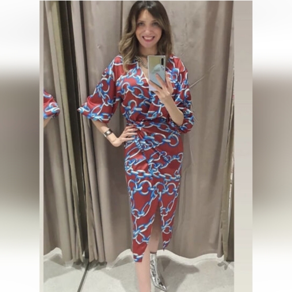 ZARA MULTICOLOURED CHAIN PRINT MIDI DRESS WITH KNOT DETAIL - Picture 5 of 11